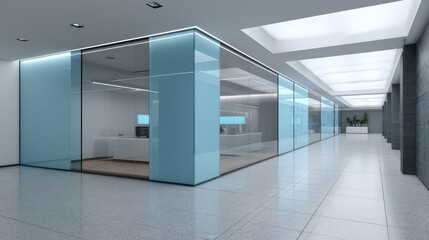 Sleek tech-oriented office with backlit panels and grid floor lights, digital cyan and matte graphite palette, cool underlighting with