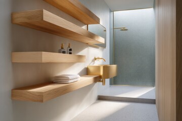Small bathroom with light oak floating shelves, soft matte white walls, brass fixtures, and pale gray stone flooring, lit