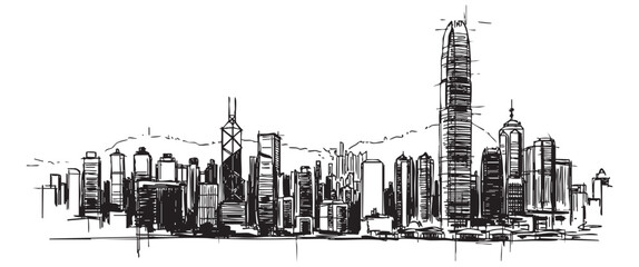 hong kong cityscape tall building engraving sketch vector illustration