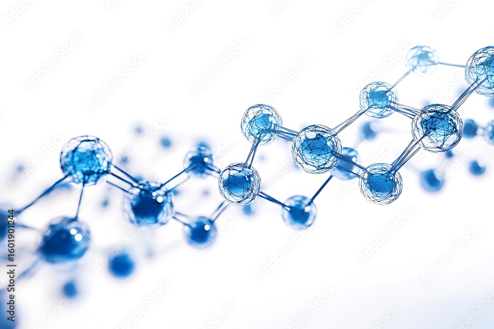Poster molecular structure with blue spheres and wireframe connections for science and technology applicati