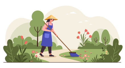 Woman raking leaves in a garden surrounded by flowers and trees  