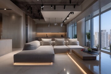 Smart apartment with integrated ceiling tracks and kinetic lighting pods, side-lit with sharp gradients on matte paneling and glossy