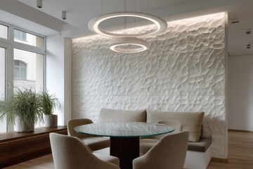 Smart apartment corner nook with textured white wall tiles and suspended lighting ring, ambient shadows raw linen and smooth
