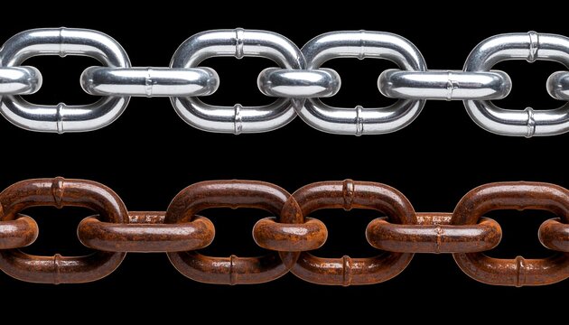 Two metal chains, one silver, one rusted brown, on black background