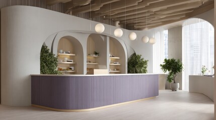 Soft-toned office tea bar with curved partitions and linen-draped walls, lilac and stone white color scheme, natural diffused window