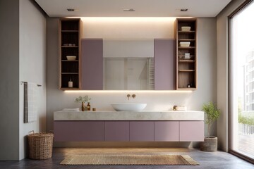 Smoky mauve and ivory bathroom with vertical storage and underglow lighting, top-down ambient spotlight casting soft shadows and elegant