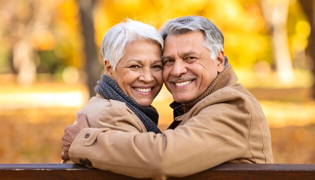 Portrait of a loving and happy multiethnic senior couple embracing on a park bench during a beautiful autumn day