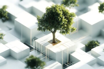 Sustainable Technology Concept: Tree Growing on Futuristic Platform with Golden Accents