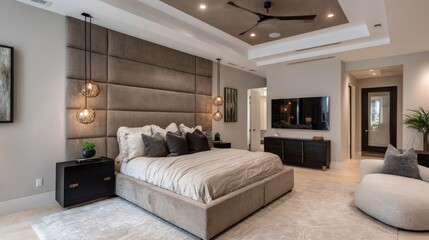 Sophisticated suite with full-height upholstered headboard and blackened steel fixtures, top-down soft lighting with cinematic haze, palette of taupe