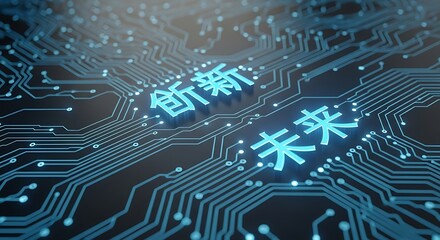 Glowing Chinese characters "innovation" and "future" integrated into a blue circuit board pattern, symbolizing technological advancement and digital concepts.