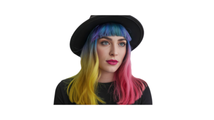 Stylish Young Woman with Vibrant Rainbow Hair and Black Hat