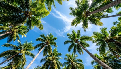 Fototapeta premium Tall Palm Trees Reaching Towards the Bright Blue Sky with Wispy Clouds Above