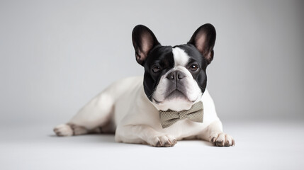 A dapper black and white French Bulldog wearing a stylish striped bow tie