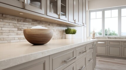 Subtle taupe and brushed nickel kitchen with rear window casting soft bounce light, sheen on nickel drawer pulls, ambient