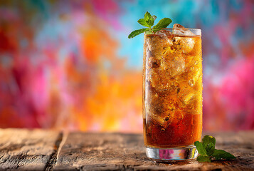 A refreshing long island iced tea cocktail with mint garnish sits on a rustic wooden