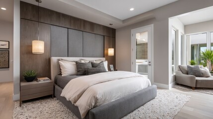 Suite with angular lighting patterns, terrazzo flooring and brushed nickel finishes, shadow contrast on bedding highlights, soft blush and