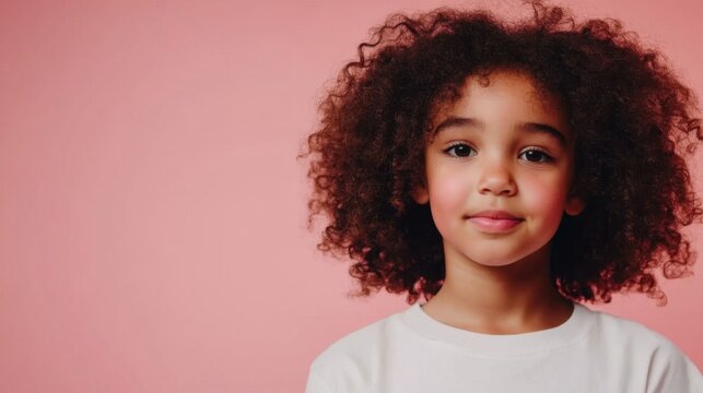 A young girl smiles sweetly against a pink backdrop.