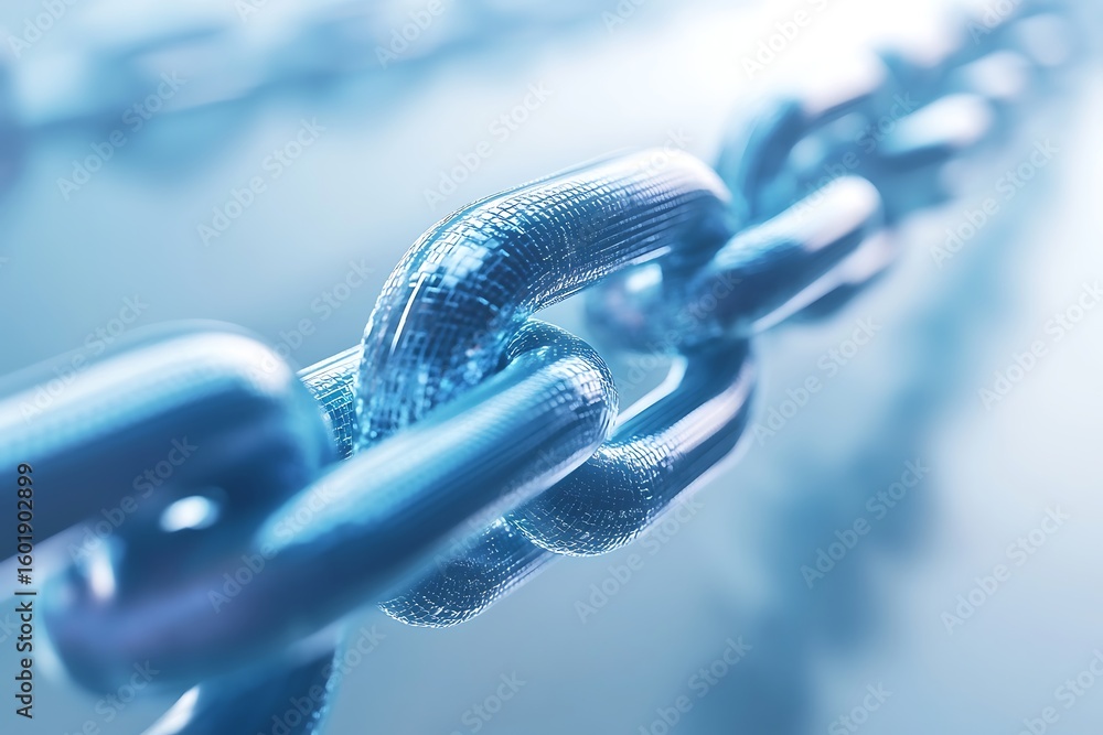 Poster metal chain links connected together in a row representing connection and strength, close-up