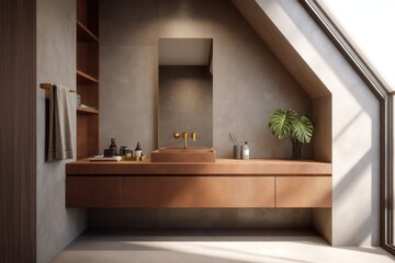 Terracotta and navy bathroom with built-in shelving and matte brass towel racks, rim-lit with angular window light casting geometric