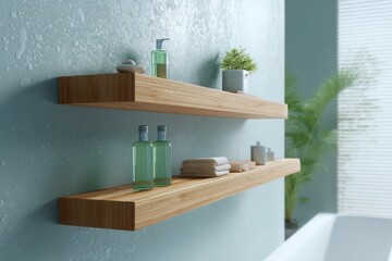 Tropical-style bathroom with bamboo floating shelves, matte aquamarine walls, diffused natural light from window shutter, subtle water droplet reflections,