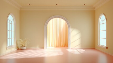 Light filled interior with arched doorway tall windows and plant room architectural