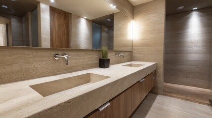 Ultra-modern bathroom with large-format matte sandstone tiles, overhead recessed LED lighting creating soft top-down shadows, finish on metallic drawer