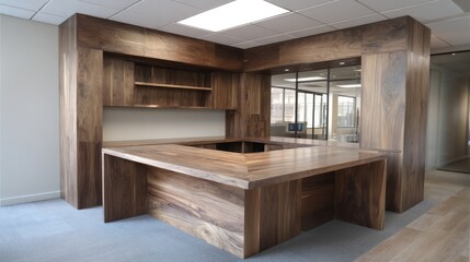 U-shaped walnut workstation with matte brass hardware, lit with indirect ambient light from ceiling panel, layered depth volumetric haze