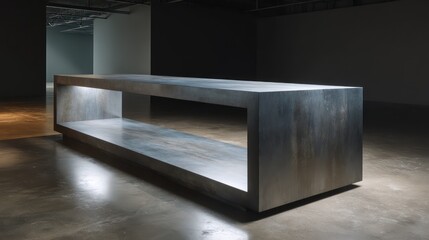 Ultra-modern cantilevered desk in gunmetal gray, dramatically rim-lit with harsh side light, high contrast exposure with softened background shadows,