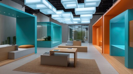 Ultra-modern office pod with color-blocked walls in cyan and coral, glowing acrylic ceiling panels casting diffused light woven floor
