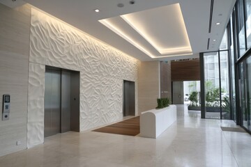 Ultra-modern entry with smart biometric scanner and top-lit textured wall art, clean color contrast on metallic panel reflections,