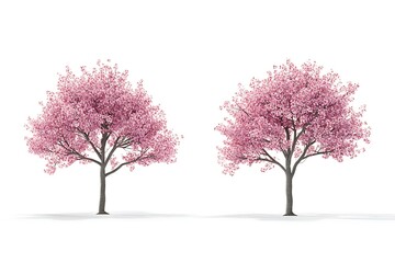 Obraz premium Two flowering cherry trees isolated on white background for garden decoration design