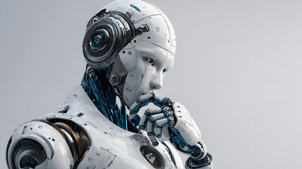 White robot portrait with blue accents in thought with hand on chin against a gray background