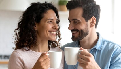 Smiling affectionate couple enjoying their morning coffee together at home, looking at each other with love and tenderness