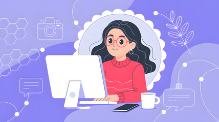 Woman working on computer with digital elements and chat bubbles desk technology