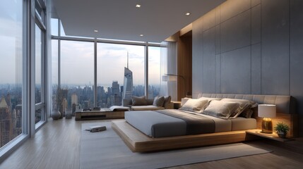 Urban penthouse bedroom with skyline view, dimmable floor lighting illuminating modern furnishings with rim lighting effect, reflections on glass