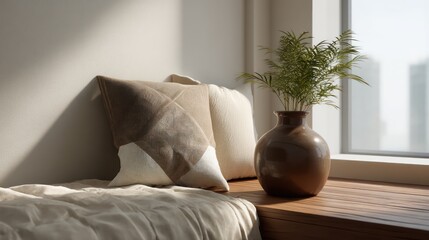 Vanilla white and cocoa brown tones, subtle overhead lighting creating soft fold shadows in quilt, close-up of patterned pillow
