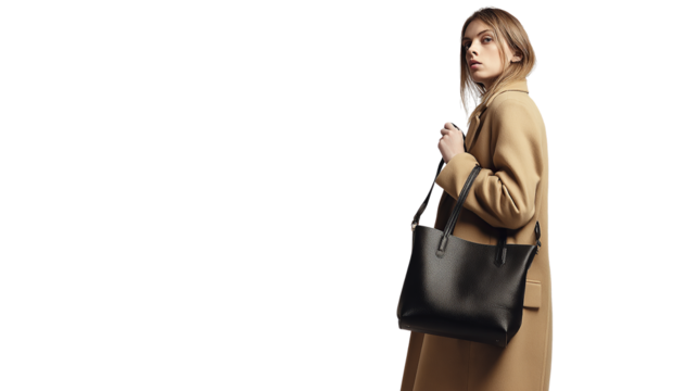 A woman is wearing a brown coat and holding a black purse - Powered by Adobe