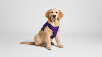 A young Golden Retriever dog sitting politely while wearing a purple harness
