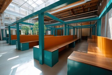 Vibrant co-working hub with teal steel frames, burnt orange dividers, deep textures on desks, and sunlight producing lens flare