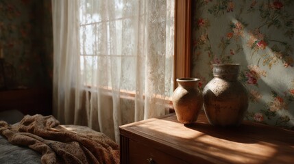Vintage-inspired guest bedroom with floral wallpaper, soft amber dimmable light casting patterned shadows across lace curtains, ceramic vases with