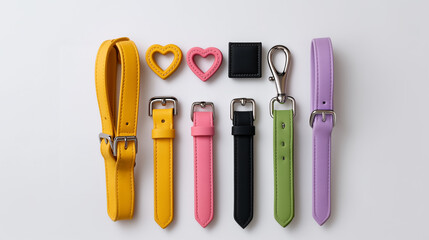 Flat lay of colorful leather straps and metal hardware for crafting