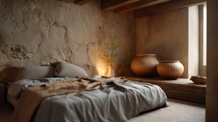 Wabi-sabi inspired bedroom with imperfect textures and natural materials, soft warm dimmable lighting creating ambient gradients across aged plaster
