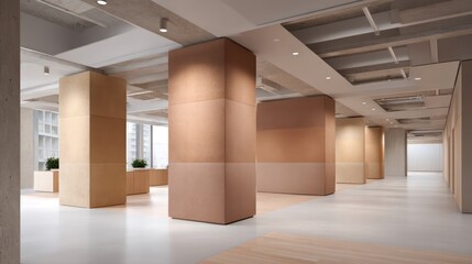 Warm-toned open office with fabric-covered columns and gradient panel lighting, ochre and blush pink palette, ambient bounce lighting creating