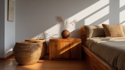 Warm-toned bedroom with teak wood nightstands and handwoven baskets, soft golden hour side light casting long shadows with lens