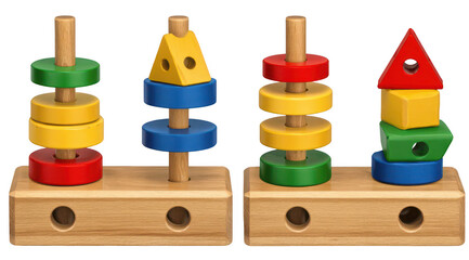 Colorful wooden stacking toys with various shapes and colors on wooden bases