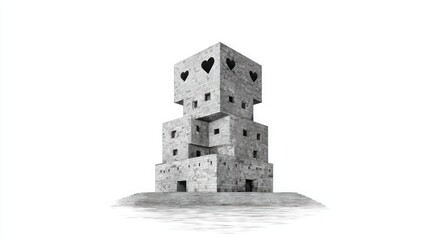 Modern stone building with heart shaped windows and stairs leading to water