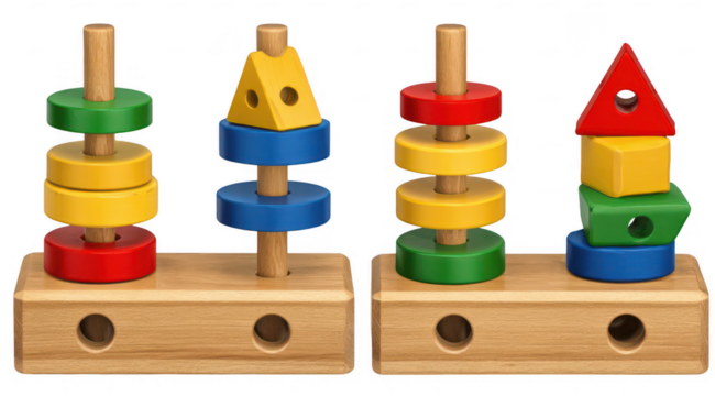 Colorful wooden stacking toys with various shapes and colors on wooden bases