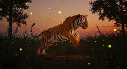 Majestic Orange Tiger Leaping in a Magical Forest at Sunset