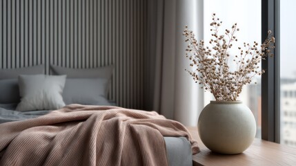 Warm blush and stone gray color palette, crisp focus on woolen throw layered bed, natural sunlight diffusing vertical blinds,
