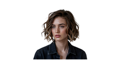 Confident Young Woman with Short Wavy Brown Hair in Denim Shirt